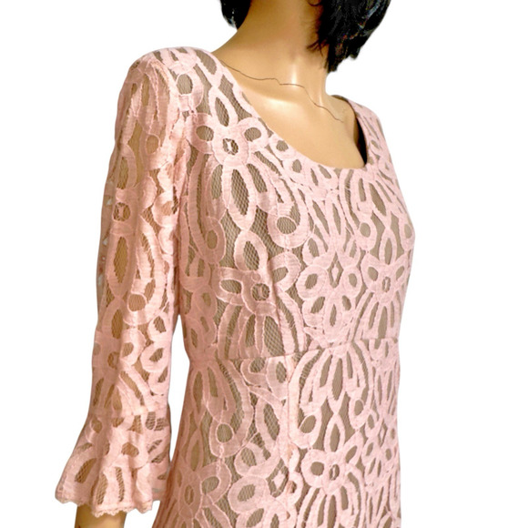 Empire Midi Dress 16 Pink Lace Overlay Bell Sleeve Event Bridal Party Fairy Boho - Picture 2 of 15